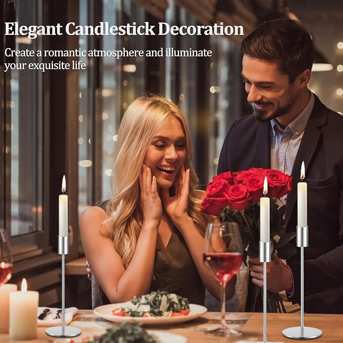 Set of 3 Silver Taper Candle Holders, Metal Gold Candlestick Holders, Tall Candle Holder, Fits 3/4 inch Thick Candle&Led Candles, for Table Centerpiece, Wedding, Dinning, Party Home Decor