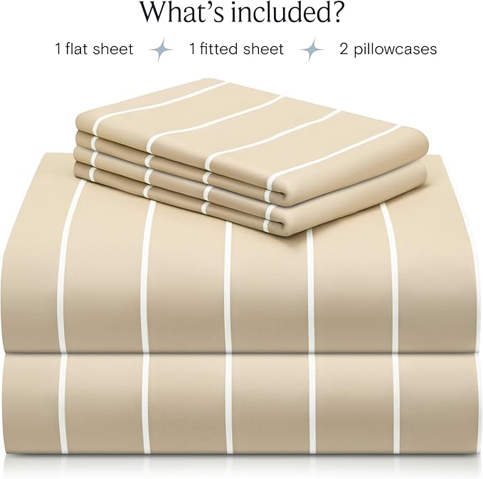 LuxClub 4 PC Queen Size Sheet Set Bed Sheets, Breathable Luxury Deep Pockets Wrinkle Free Cooling Sheets Machine Washable Hotel Bedding (Queen, Striped Cream)