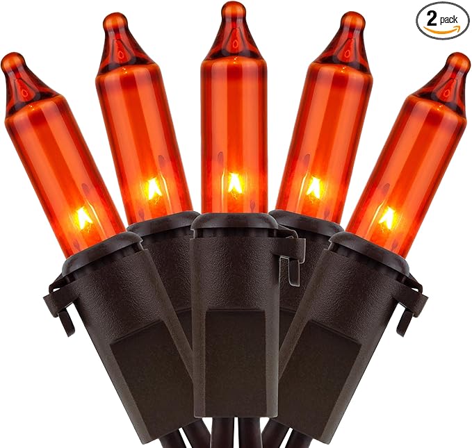 YULETIME Orange Christmas Lights with Brown Wire, 66 Feet 200 Count UL Certified String Lights, Pack of 2 Sets 33 Ft 100 Count Amber Incandescent Mini Light Set (Orange)