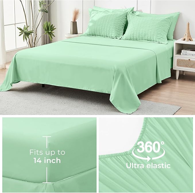HYMOKEGE Mint Green Queen Comforter Set Seersucker 7 Pieces, All Season Luxury Bed in a Bag Queen for Bedroom, Bedding Set with Comforter, Sheets, Pillowcases & Shams