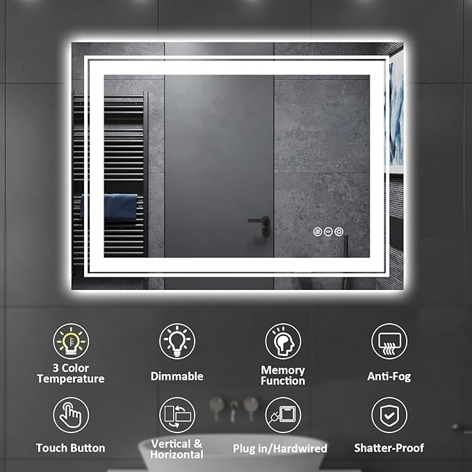 32" x 24" LED Bathroom Mirror with Lights, Front and Backlit Mirror, Anti-Fog Lighted Vanity Mirror, Stepless Dimmable, 3 Colors LED Mirror (Horizontal/Vertical)