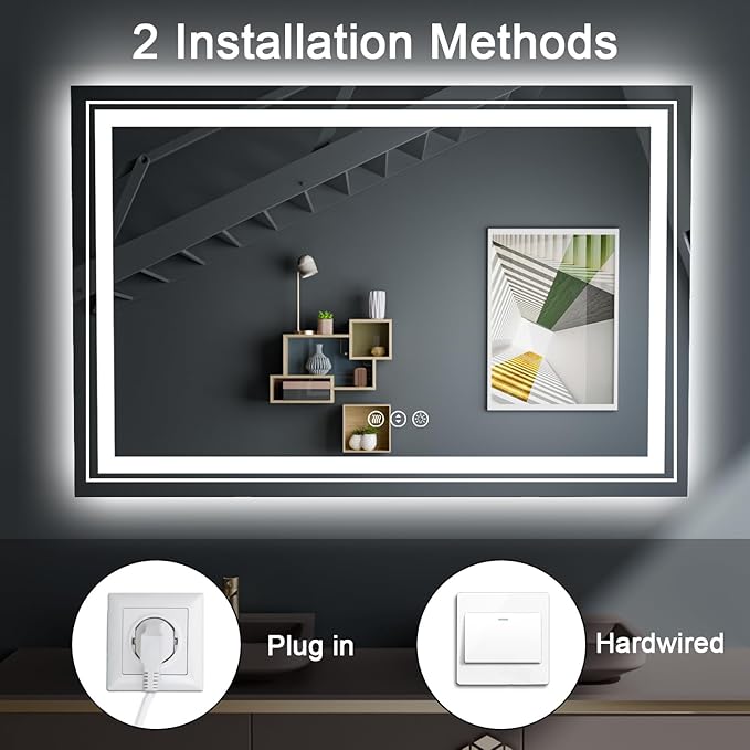 LED Bathroom Mirror, 55"X36" with Front and Backlit, Anti-Fog, Large Bathroom Vanity Mirror for Wall, Memory Function, Stepless Dimmable, Tempered Glass (Horizontal/Vertical)