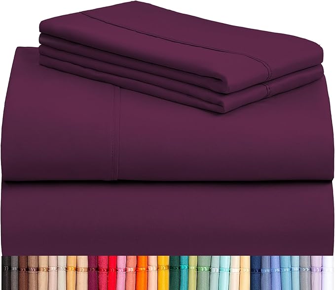 LuxClub 4 PC King Sheet Set, Breathable Luxury Bed Sheets, Deep Pockets Wrinkle Free Cooling Bed Sheets Machine Washable Hotel Bedding Silky Soft - Eggplant King