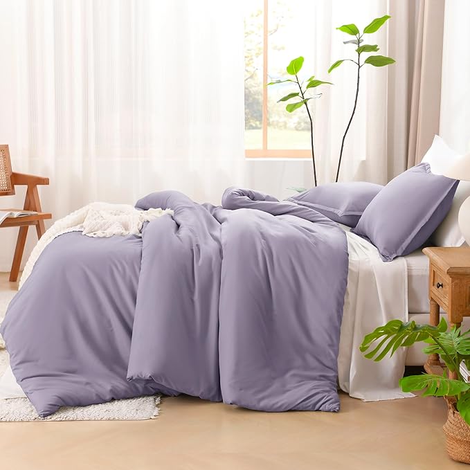 Litanika Grayish Lavender Purple Comforter Set Queen Size, 3 Pieces Lightweight Solid Bedding Comforter Set, All Season Fluffy Bed Set (90x90In Comforter & 2 Pillowcases)