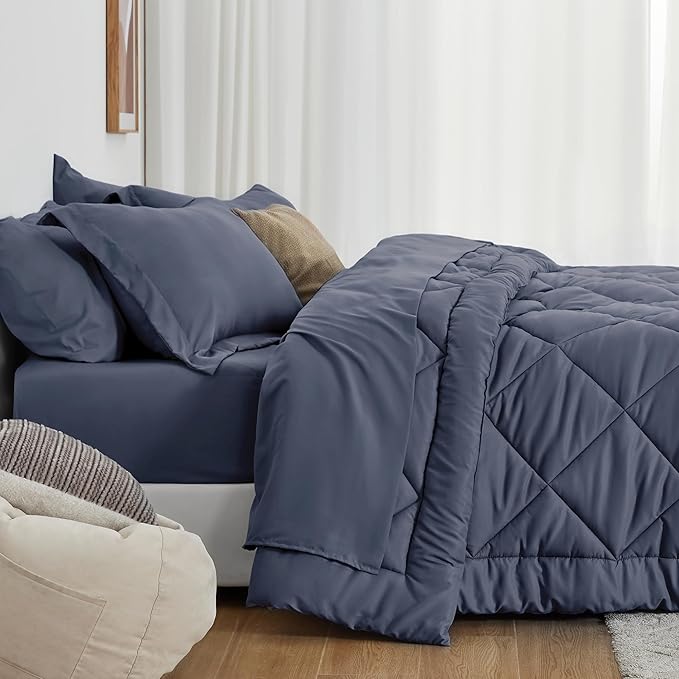 Love's cabin Full Comforter Set Navy Blue, 7 Pieces Full Bed in a Bag, All Season Bedding Sets with 1 Comforter, 1 Flat Sheet, 1 Fitted Sheet, 2 Pillowcase and 2 Pillow Sham