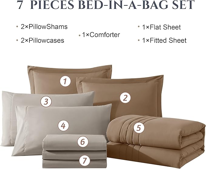 Monbix King Size Comforter Set - 7 Pieces Bed in a Bag King, Raw Umber Bedding Sets with Comforter, All Seasons Down Alternative Comforter Bed Set with Sheets, Pillowcases & Shams