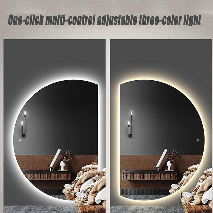 47" Half Moon LED Bathroom Mirror,Frameless Backlit Wall Mirror, Anti-Fog Smart Vanity Mirror,3 Colors Lights Dimmable Brightness and Time,Touch Switch(Left Semicircle,47 * 33in)