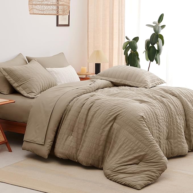 CozyLux King Size Comforter Set Taupe Seersucker 7 Pieces Bed in a Bag King Comforter Set with Sheets, Luxury Soft Bedding Set with Down Alternative Comforter, Sheets, Pillowcases & Shams All Seasons