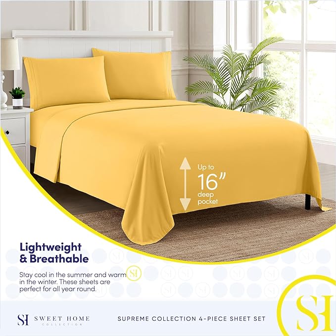 Queen Size Bed Sheets - Breathable Luxury Sheets with Full Elastic & Secure Corner Straps Built In - 1800 Supreme Collection Extra Soft Deep Pocket Bedding Set, Sheet Set, Queen,Yellow