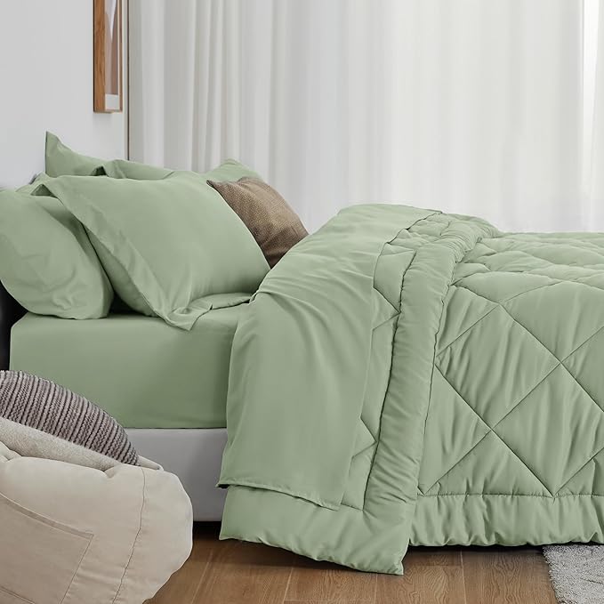 Love's cabin Queen Comforter Set Sage, 7 Pieces Queen Bed in a Bag, All Season Bedding Sets with 1 Comforter, 1 Flat Sheet, 1 Fitted Sheet, 2 Pillowcase and 2 Pillow Sham