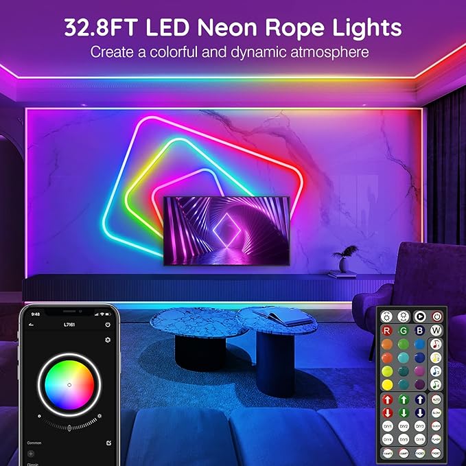 AILBTON 32.8Ft Neon Rope Lights,Flexible Led Rope Lights Control with App/Remote,Multiple Modes Rope Lights,IP65 Outdoor RGB Led Neon Light Waterproof,Music Sync Gaming