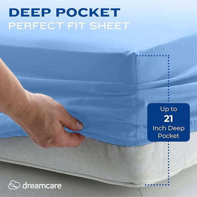 DREAMCARE King Size Sheets Set – 4 pcs Cooling Sheets – up to 21” Deep Pocket King Sheet Set – Hotel Luxury Sheets & Pillowcases – Superior Softness 100% Fine Microfiber with Side Pocket – Light Blue