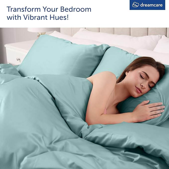 DREAMCARE King Size Sheets Set - Cooling Bed Sheets - 4pcs Set - up to 15" Deep Pocket King Sheet Set – Soft & Long Lasting Cooling - 100% Fine Brushed Microfiber with Side Pocket - Spa Blue