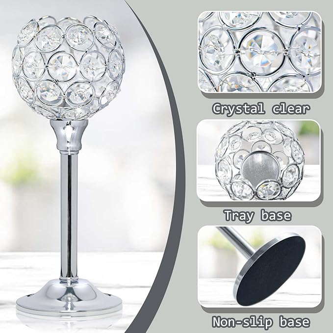 Crystal Metal Tealight Candlestick, Bling Bowl Candelabras, Tall Crystal Votive Candle Holders Elegant Crystal Candle Centerpiece for Dining Table Wedding Decor (Set of 6, Silver)