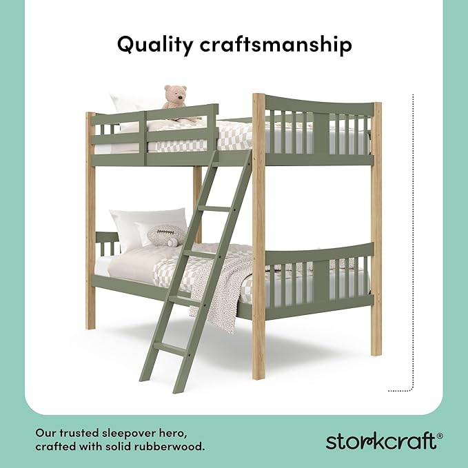 Storkcraft Caribou Bunk Bed Twin Over Twin Bunk Bed (Olive and Natural) - GREENGUARD Gold Certified, Twin Bunk Beds for Kids, Converts to 2 Individual Twin Beds (Mattress not Included)