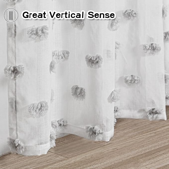 MYSKY HOME Grey Curtains for Bedroom Windows 2 Panels Pom Pom Sheer Curtains 84 Inch Long for Living Room Nursery Kids Room Rod Pocket Boho Farmhouse Dining Room Window Drape 52 x 84 inch