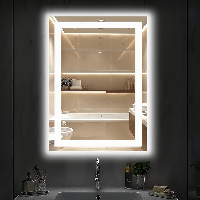 DUMOS 28"x 21" LED Bathroom Mirror with Lights, Dimmable Anti-Fog Front Lit Backlit Lighted Wall Mounted Rectangle for Vanity Makeup Memory Function Tempered Glass Shatter-Proof Horizontal&Vertically