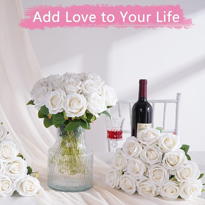 BLEUM CADE 50 Pcs White Roses Artificial Flowers, Real Touch Velvet Roses Fake Flowers Bulk, Artificial Roses Bouquet with Long Stems Bridal DIY Wedding Party Centerpiece Decorations