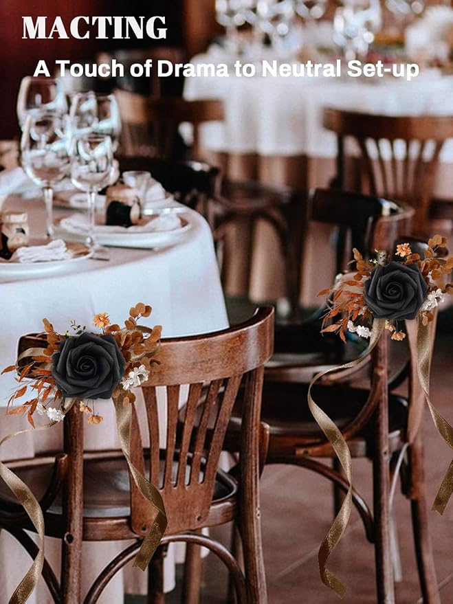 MACTING 60PCS Black Artificial Flowers Real Touch Fake Flowers with Stem Foam Roses for DIY Wedding Bouquets Table Centerpieces Bridal Shower Party Holiday Home Halloween Decorations