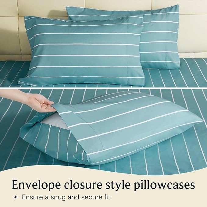 LuxClub 4 PC Full Size Sheet Set Bed Sheets, Breathable Luxury Deep Pockets Wrinkle Free Cooling Sheets Machine Washable Hotel Bedding (Full, Striped Light Blue)