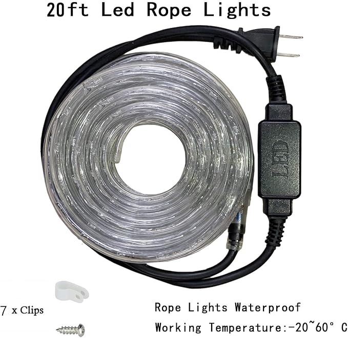LED Rope Light, 20Ft LED Strip Lights Outdoor Waterproof Decorative Lighting for Indoor/Outdoor Decorations, Deck, Patio, Party and Bedroom Decorations (Cold White)