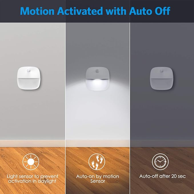 AMIR Upgraded Indoor Motion Sensor Light with PIR Technology - Battery-Powered Wall & Cabinet LED Night Light for Hallway, Bathroom, Kitchen, Stairs (White, 6-Pack)