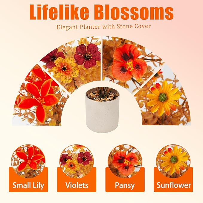 Fake Potted Plants 4pcs, Artificial Fall Flowers with Vase, Autumn Harvest Decoration for Home Indoor Outdoor, Table Plants Farmhouse Decor for Kitchen, Bedroom, Living Room, Bathroom