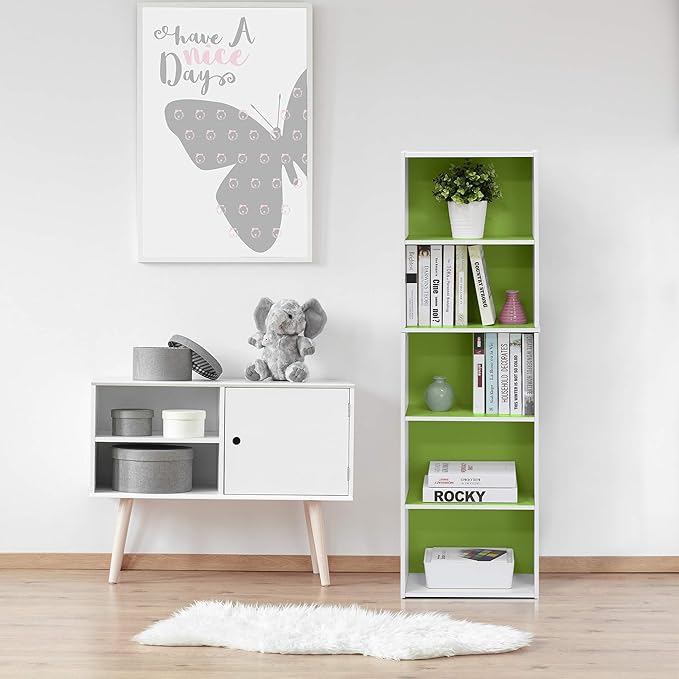 Furinno LUDER Book Shelf, 5-Tier Bookshelf, Bookcase, 9.4" x 15.8" x 52", for Living Room, Bedroom, Home Office, White/Green