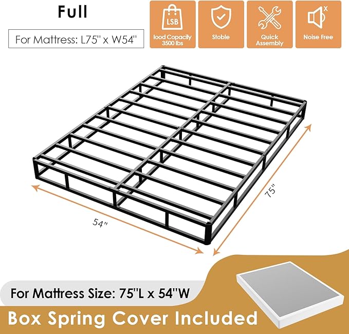D&H FURNIMMT Full Size Box Spring 7 Inch, Heavy Duty Metal Box Spring Bed Base with Fabric Cover, Mattress Foundation, Easy Assembly, Noise Free（Full）