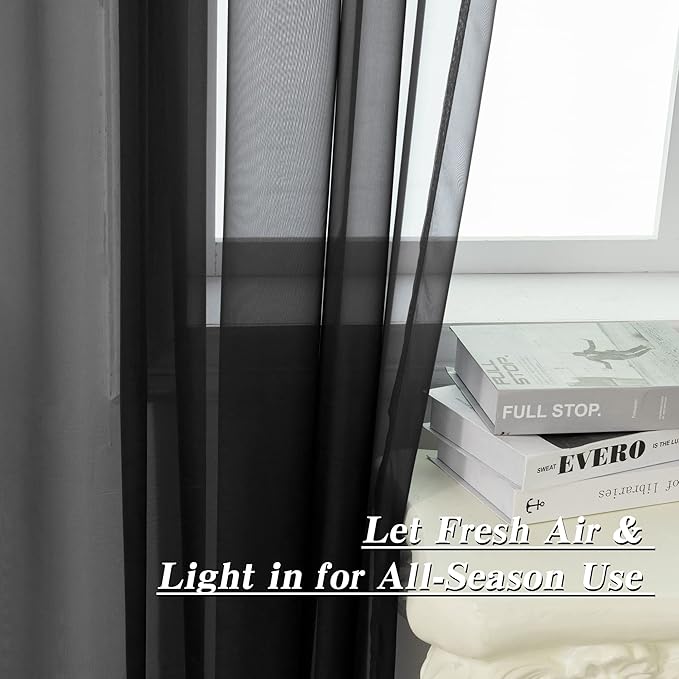 HUTO Black Sheer Curtains 84 Inches Long for Living Room Rod Pocket Voile Window Drapes for Bedroom,2 Panels