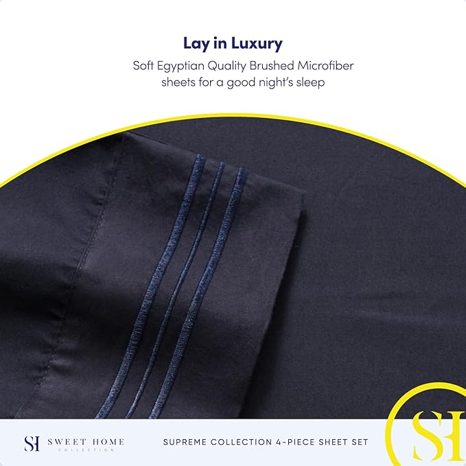1800 Thread Count Sheet Set – Soft Egyptian Quality Brushed Microfiber Sheets – Luxury Bedding Set with Flat Sheet, Fitted Sheet, 2 Pillow Cases, Navy