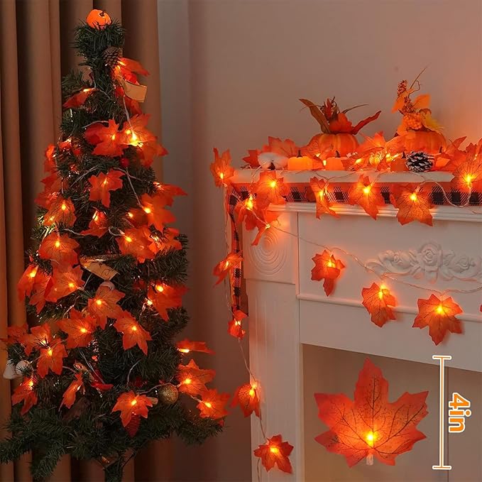 YEGUO 4 Packs Thanksgiving Decorations for Home, Fall Lights Battery Operated, Total 40ft 80 LED Lighted Fall Garland Maple Leaves for Thanksgiving Decor