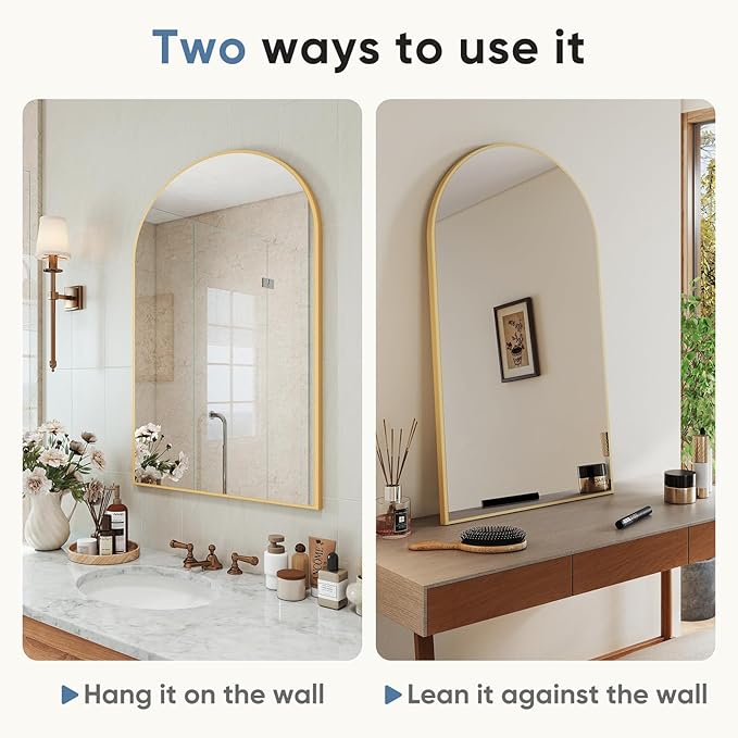 DUMOS Gold Metal Arch Vanity Rounded Rectangle Bathroom Mirrors for Over Sink Wall, 27x38 Inch Large Matte Mirror, Modern Decorative for Restroom, Farmhouse