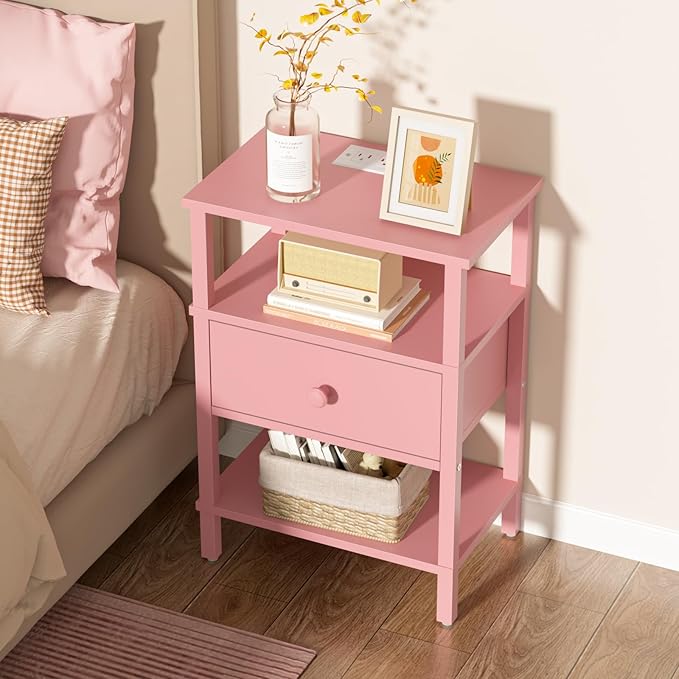 Lerliuo Nightstand Set of 2 with Charging Station and USB Ports, 3-Tier Storage Pink End Table with Drawer Shelf, Night Stand for Small Spaces, Wood Bedside Table for Living Room, Bedroom — Light Pink