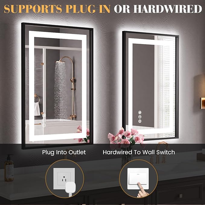 LED Bathroom Mirror,24"x32" Black Frame Led Mirror, Front Light and Backlit, Stepless Dimmable, Anti-Fog, Shatter-Proof, Memory, 3 Colors, Double LED Vanity Mirror