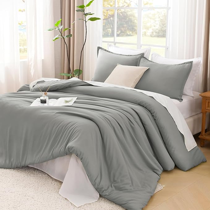 Litanika Comforters Medium Gray Full Size, 3 Pieces Lightweight Solid Bedding Set & Collections, All Season Fluffy Bed Set (79x90In Comforter & 2 Pillowcases)