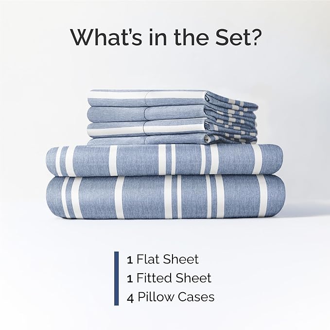 Full 6 Piece Sheet Set - Comfy Breathable & Cooling - Soft Hotel Luxury Bedding Set with 8-16 Inch Deep Pockets - 1 Flat & 1 Fitted Sheet & 4 Pillowcases - Wrinkle Free & Easy Care - Blue Stripes 3