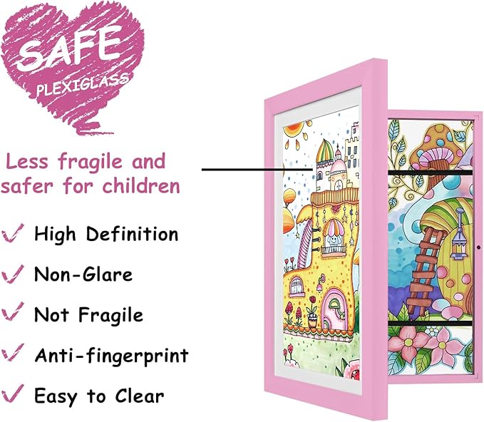KINLINK 10x12.5 Kids Art Frames Set of 2, Solid Wood Kids Artwork Frames Changeable with Acrylic Front Opening Holds 150 Pictures, Art Frame for Kids Artwork with Mat or without Mat, Pink