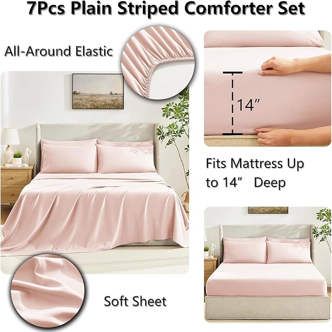 CozyLux Full Size Comforter Sets Blush Pink, 7 Pieces Bed in a Bag, Pink Comforter Full Size, All Season Bedding Sets with Stitch Quilted Comforter, Flat Sheet, Fitted Sheet, Pillowcases