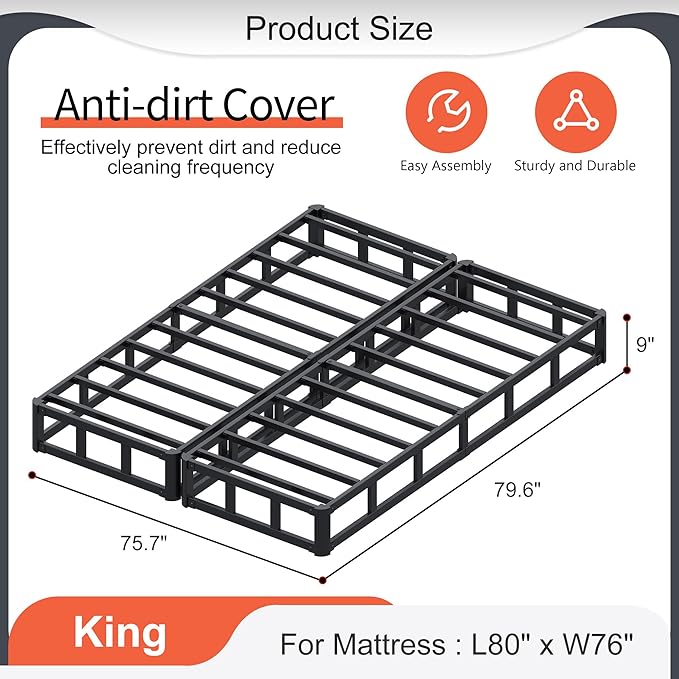 9 Inch Split King Box Spring High Profile Box Spring King Size Heavy Duty Metal Bed Base with Fabric Cover, Mattress Foundation, Noise Free, Easy Assembly