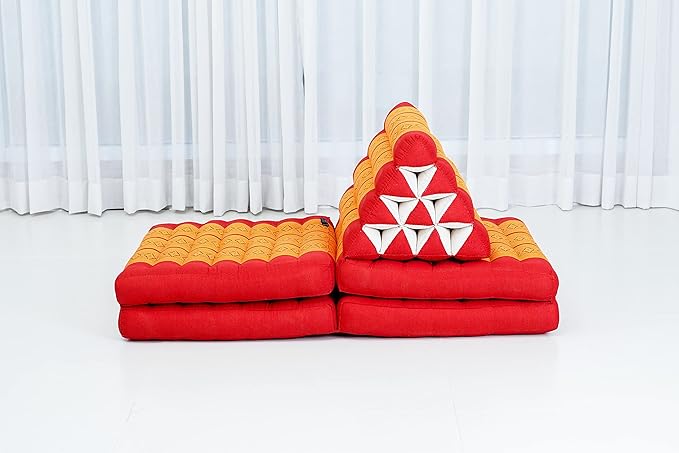 Leewadee Comfortable Japanese Floor Mattress - Thai Floor Bed with Triangle Cushion - Futon Mattress - XL Extra Long Thai Massage Mat, 89 x 20 inches, Orange Red, Kapok Filling