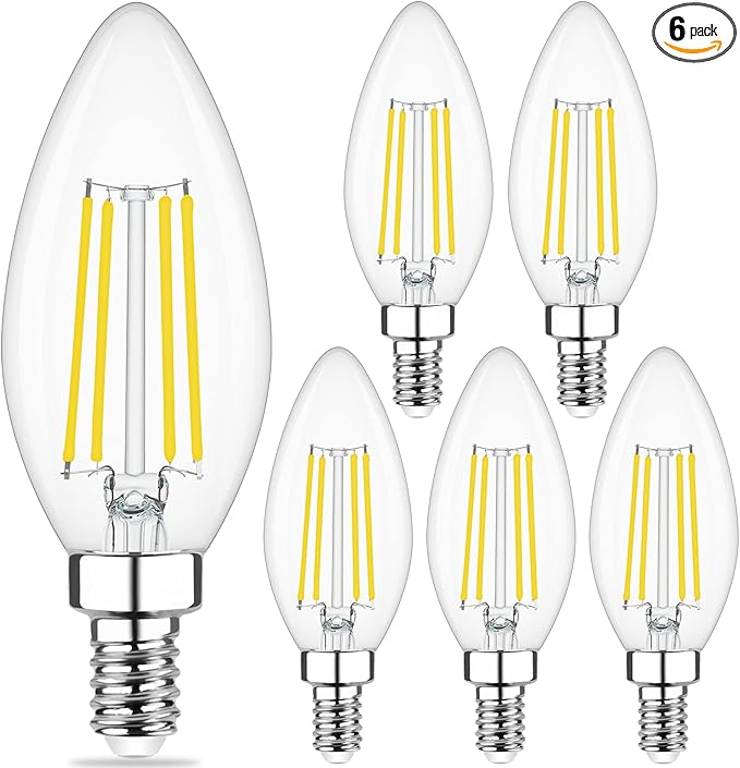 Cotanic Dimmable E12 Candelabra LED Bulb 5000K Daylight 60W Equivalent, Ceiling Fan Light, Type B Candle C35 Filament Chandelier Clear Glass, 600LM, 6 Pack