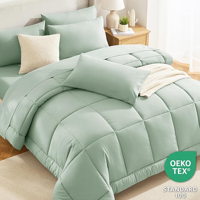 CozyLux Twin Comforter Set with Sheets Sage Green, 5 Pieces Bed in a Bag, Green Comforter Twin Size, All Season Bedding Set with Stitch Quilted Comforter, Flat Sheet, Fitted Sheet, Pillowcases