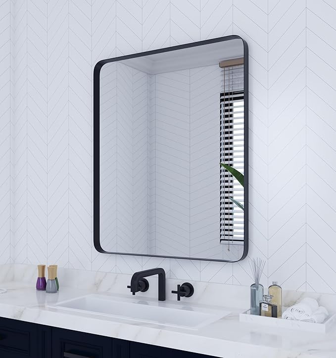 VocalStar Black Bathroom Mirror for Wall, 28 x 36 Inch Rounded Rectangle Metal Framed Bathroom Wall Vanity Mirror Farmhouse, 1/4-inch Shatterproof Glass | Ultra-Flush Hanging