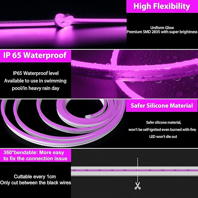 Lamomo LED Neon Lights Halloween, 16.4ft Purple LED Strip Light, 12V 0.39In/Cut Silicone Waterproof DIY Neon Rope Light for Bedroom Indoor Outdoor Decoration（Power Adapter not Included）