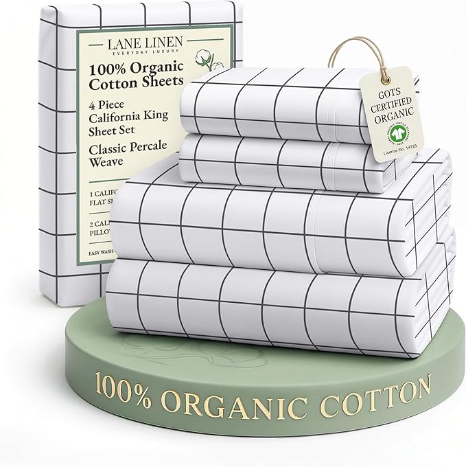 LANE LINEN 100% Organic Cotton Printed California King Sheets Set, 4-Piece Organic Cotton Long Staple Percale Weave Soft Best Bedding Sheets for Bed, Breathable- Charcoal Windowpane