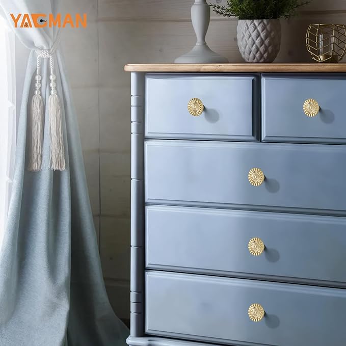 Brushed Gold Cabinet Knobs 10 Pack Round Sunflower Dresser Drawer Hardware Furniture Cupboard Handles for Bathroom Single Hole Knob Kitchen SH-BG-K10