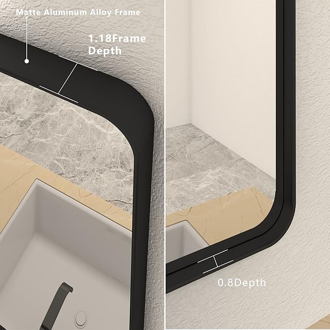 CHAMROR 24x32 Inch Black Metal Framed Bathrrom Mirror for Wall, Black Rounded Rectangle Mirror, Matte Black Bathroom Vanity Mirror, Anti-Rust, Tempered Glass, Hangs Horizontally or Vertically