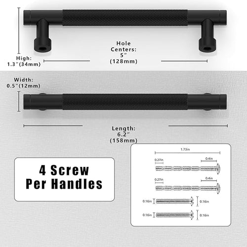 10 Pack Matte Black Knurled Cabinet Pulls 5 Inch(128mm) Kitchen Cabinet Handles Solid Zinc Alloy Cabinet Hardware Drawer Pulls