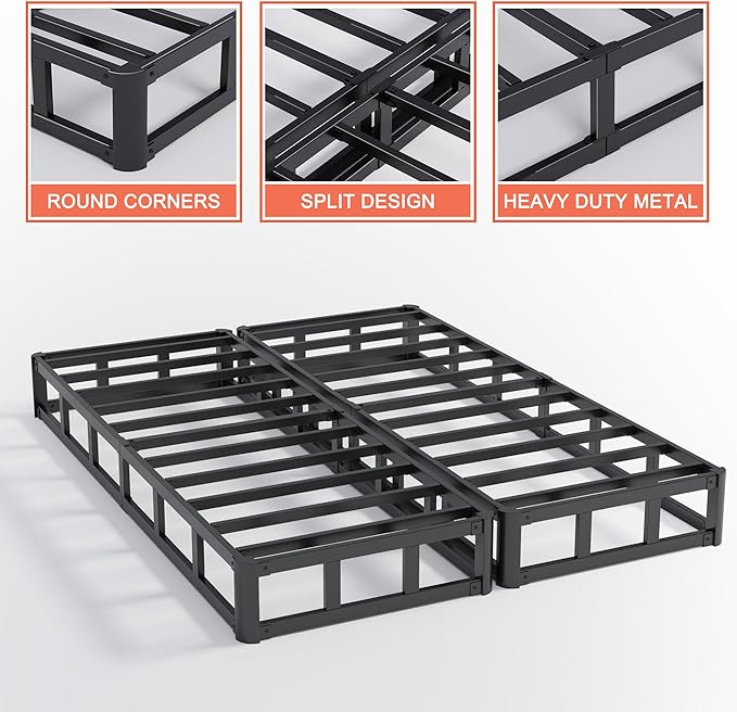 Split King Box Spring 5 Inch, Low Profile Heavy Duty Metal Box Spring King Size with Fabric Cover, Noise-Free, Quick Assembly